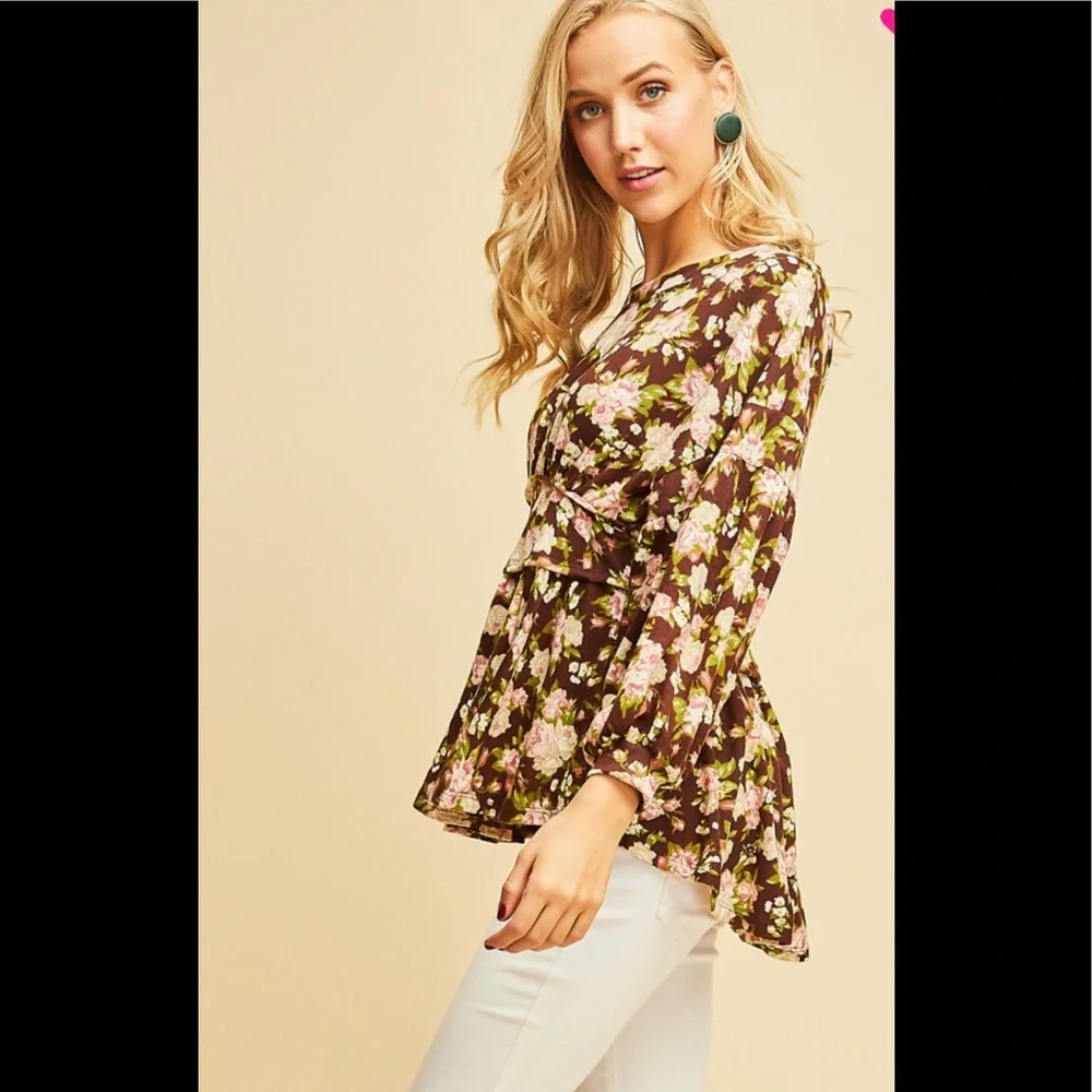 brown floral long sleeve top - Picture 4 of 7